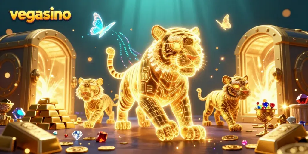 Join the excitement at vegasino with vibrant neon tigers and dazzling casino treasures.