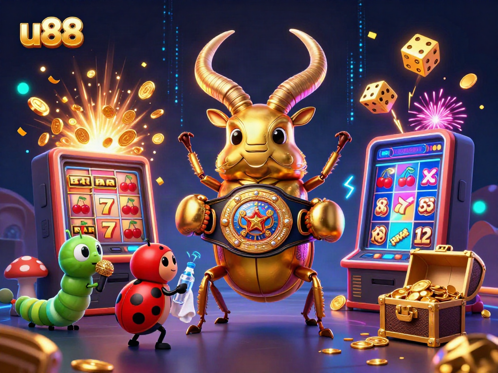 Spin and win at u88 with a vibrant and energetic 3D casino scene featuring a giant golden stag beetle and dynamic game elements.