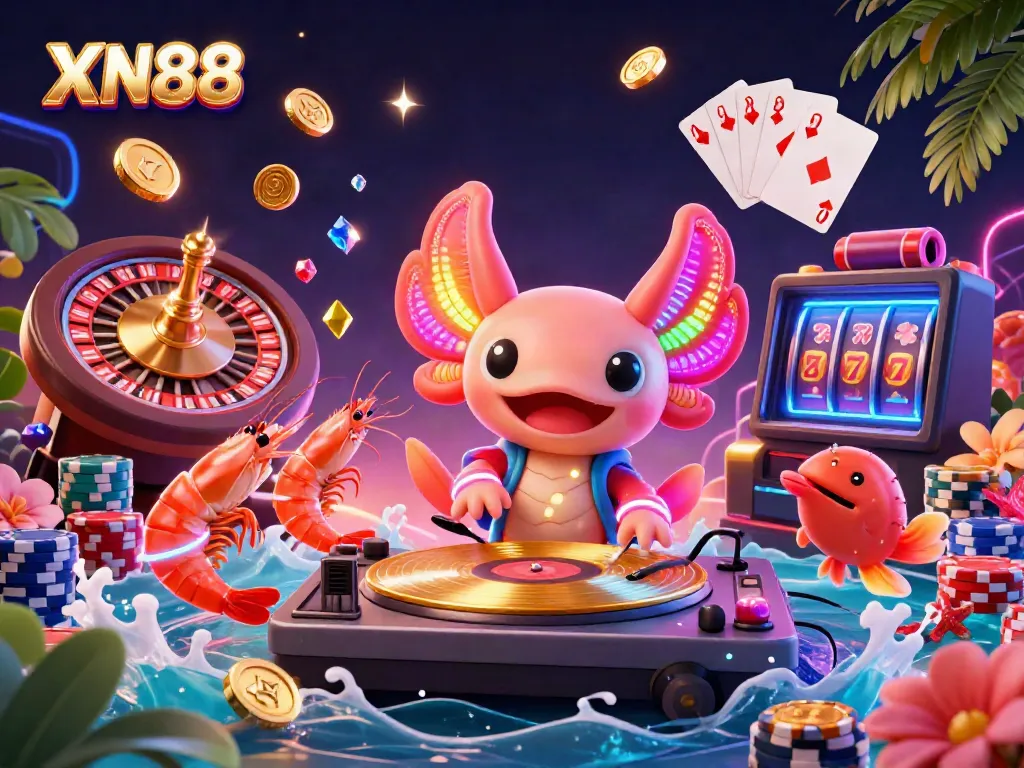 XN88's lively illustration captures a neon-colored DJ axolotl spinning tracks amidst dazzling casino elements, emphasizing excitement and fun.