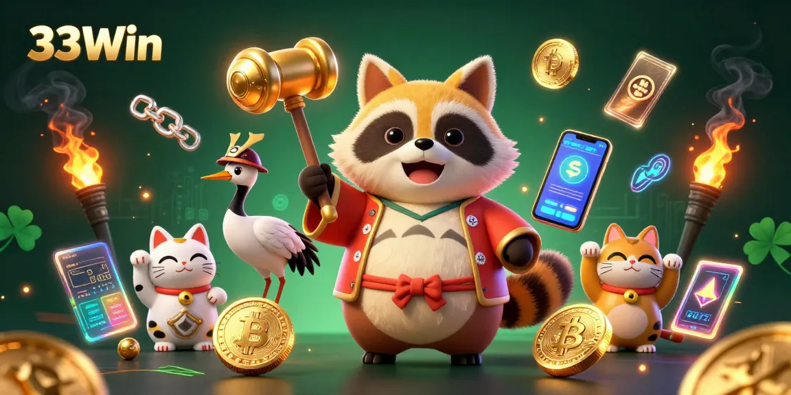 Experience the vibrant world of 33Win with a cheerful tanuki and fortune cats surrounded by crypto elements.