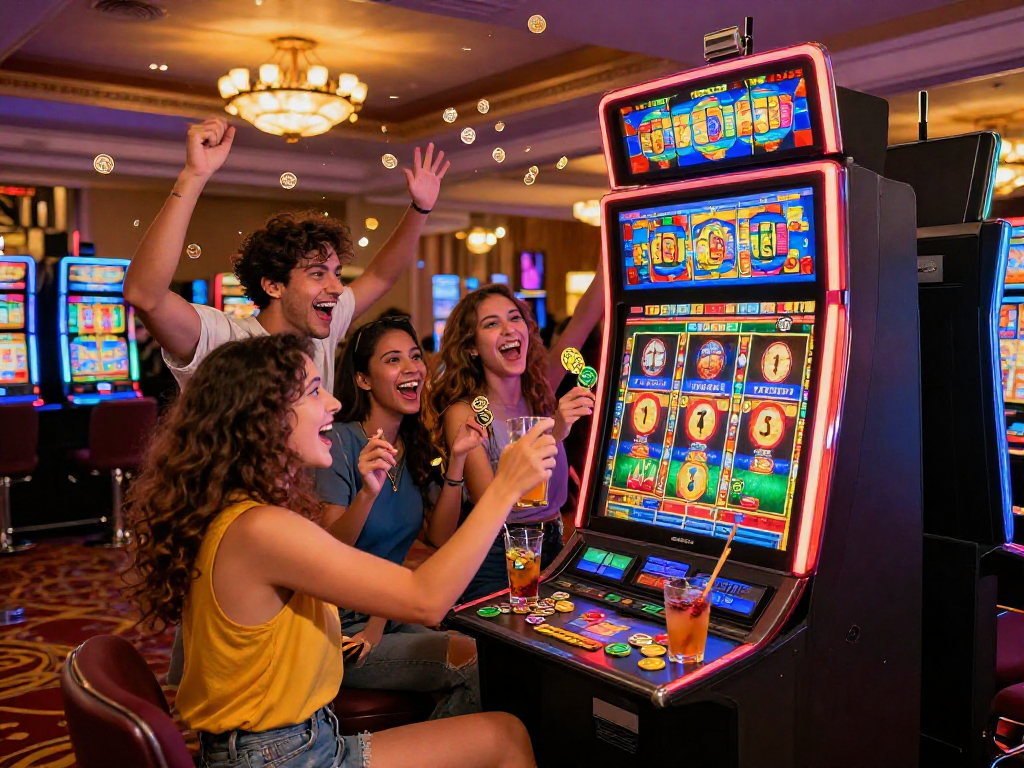 Friends reveling in the excitement of winning a slot jackpot at a casino.