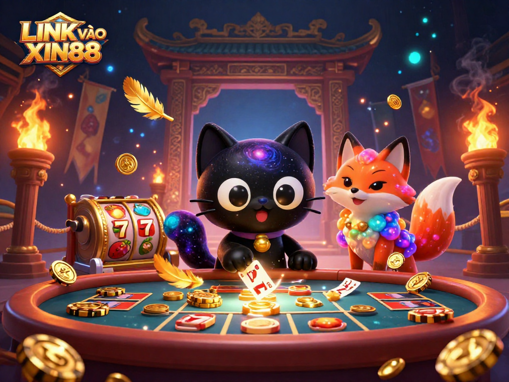 Experience gaming excitement with LINK VÀO XIN88 in a vibrant cosmic casino scene featuring animated characters and dynamic gaming elements.