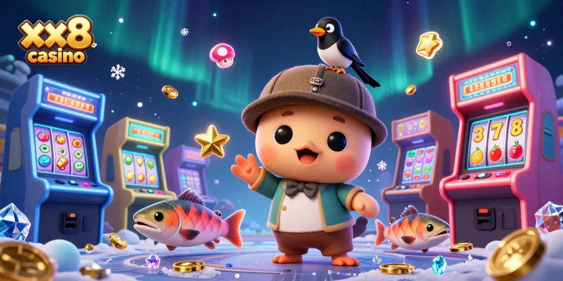 Engage in entertainment at xx8 casino with a playful 3D Nessie, surrounded by vibrant slot elements.