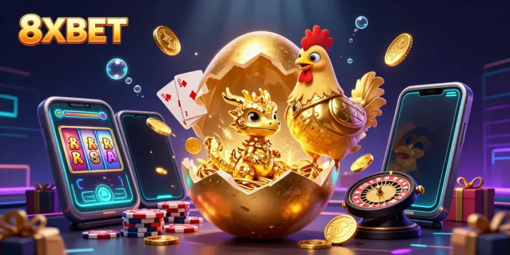 8XBET reveals exciting new features in a vibrant 3D casino scene showcasing gaming elements and characters.