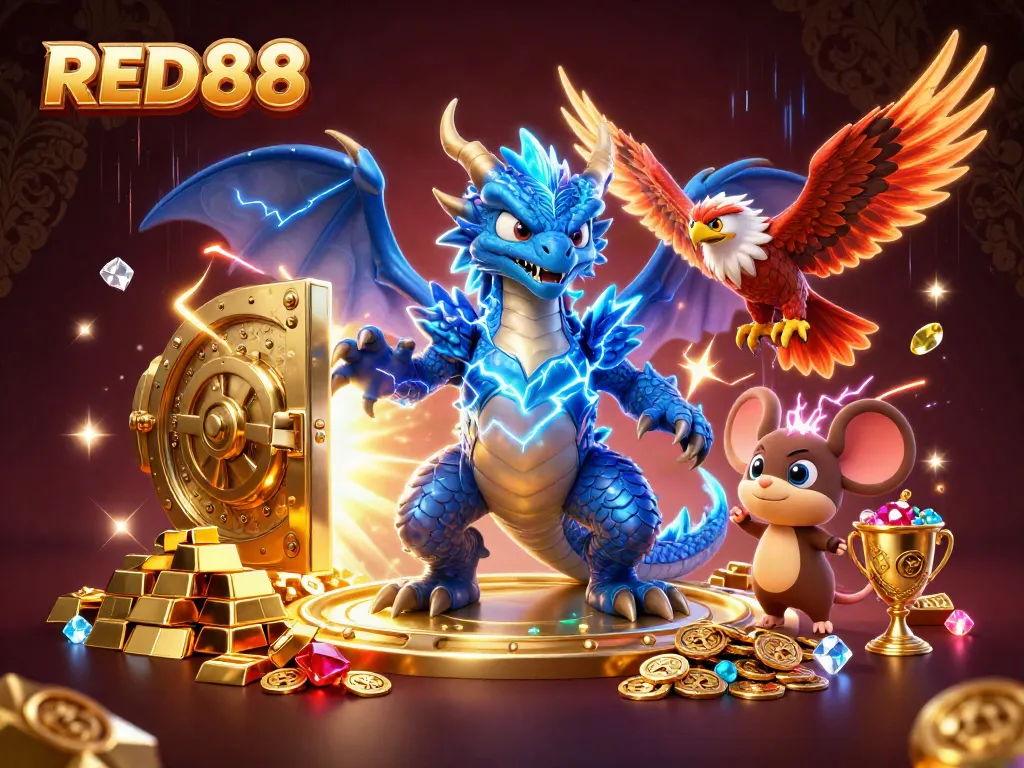 Experience thrilling gaming action at RED88 with vibrant characters and dynamic casino elements.