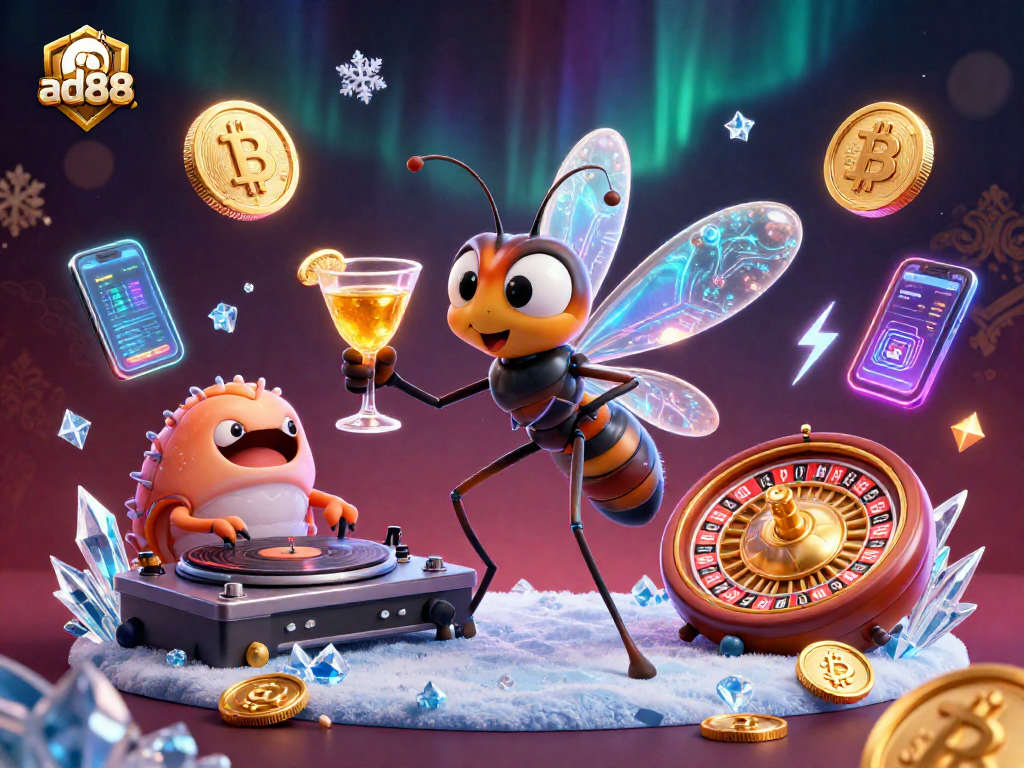 Join ad88 for thrilling casino fun with vibrant characters amidst glowing crypto elements.