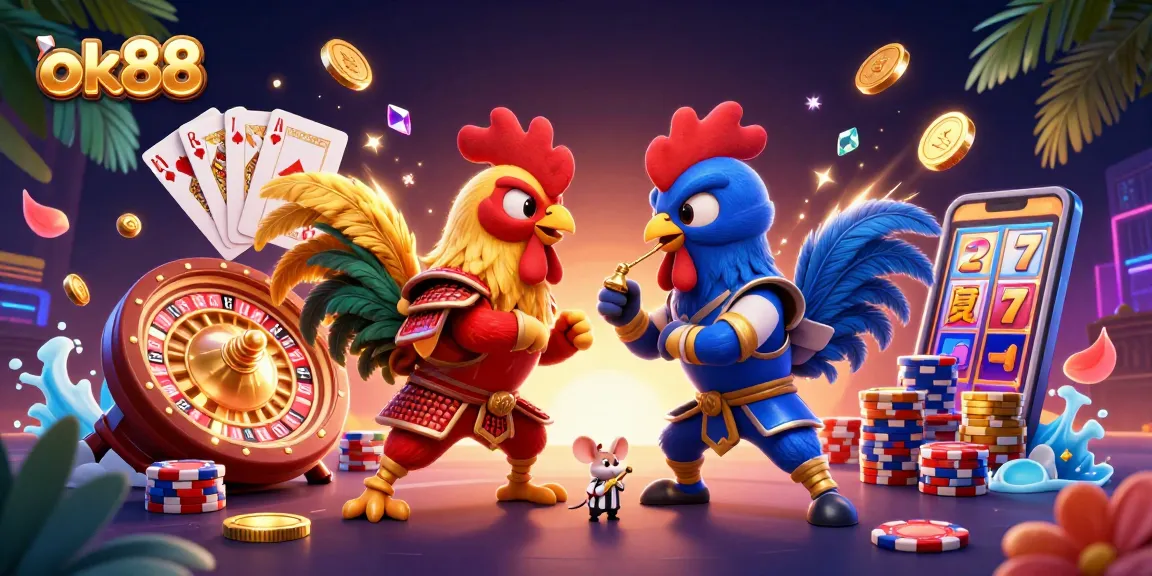 Engage with ok88 in an epic showdown of twin roosters in a vibrant casino setting