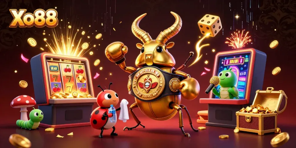 Xo88's exhilarating casino experience showcases vibrant characters and dynamic game elements in a thrilling scene.