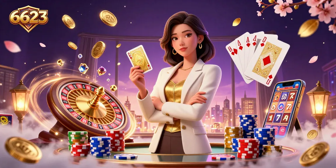Play and win big with 6623 as a powerful Asian woman confidently holds golden cards in an animated casino scene.