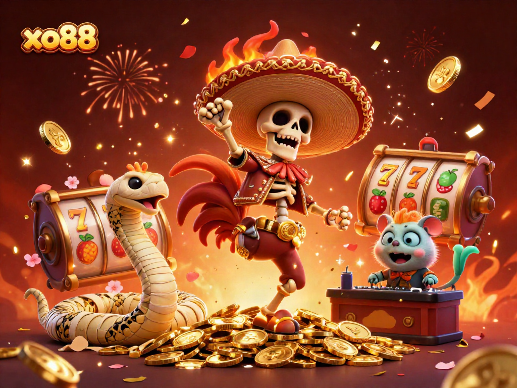 Experience thrilling gameplay at xo88 with a vibrant 3D casino scene featuring winning characters and festive elements.