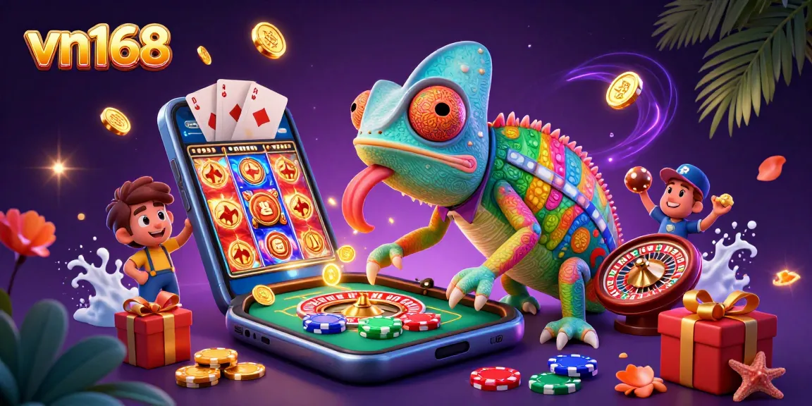 Engage with vn168's thrilling casino experience featuring a vibrant casino owner chameleon and dynamic game elements.