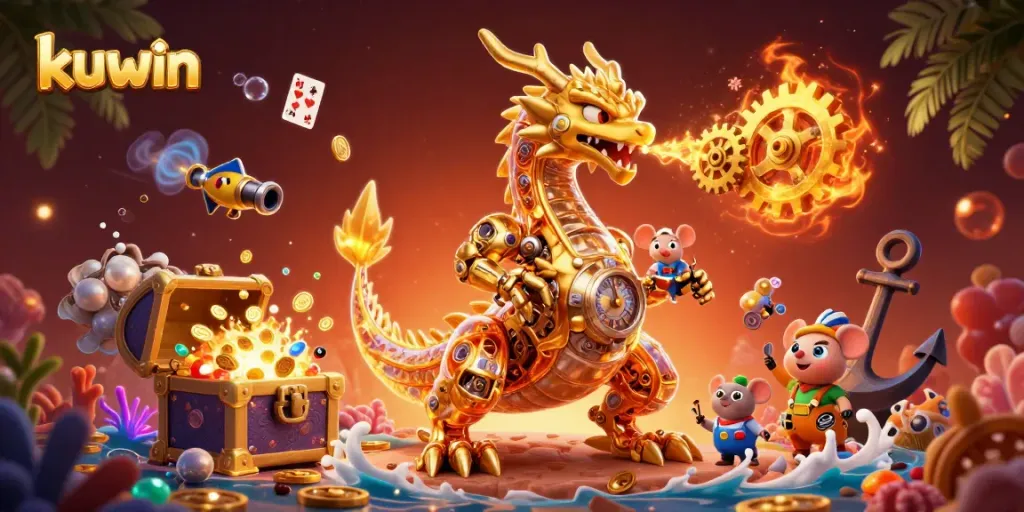 Kuwin's golden dragon breathes gears in a bustling casino scene full of treasures and gaming elements.
