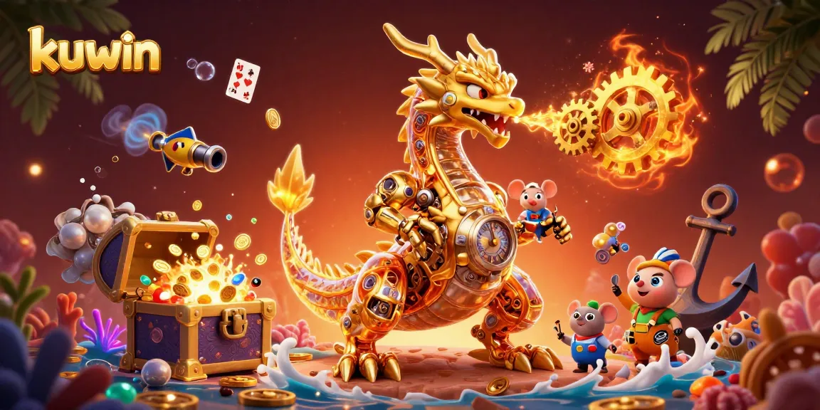 Kuwin's golden dragon breathes gears in a bustling casino scene full of treasures and gaming elements.