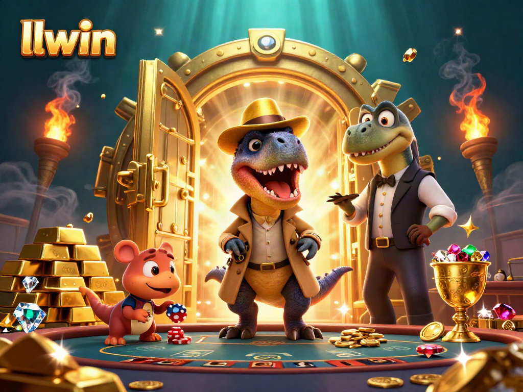 llwin game illustration with casino characters including a velociraptor at a blackjack table.