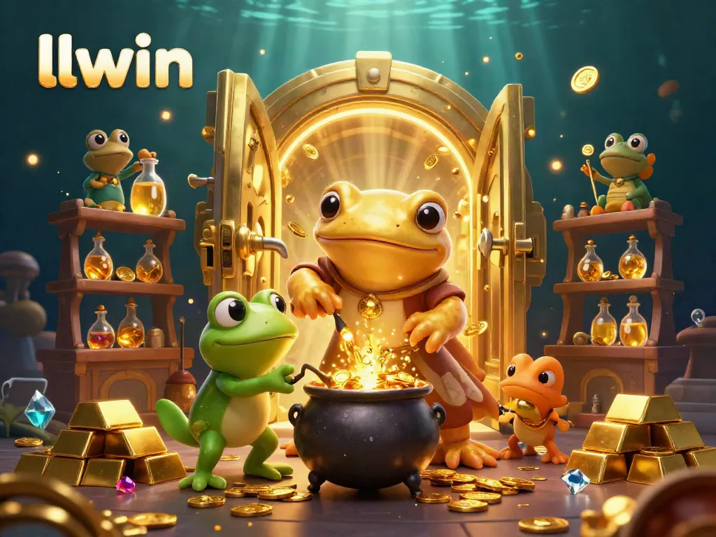 Experience llwin's enchanting casino world with gold coins and treasures in a magical 3D illustration.