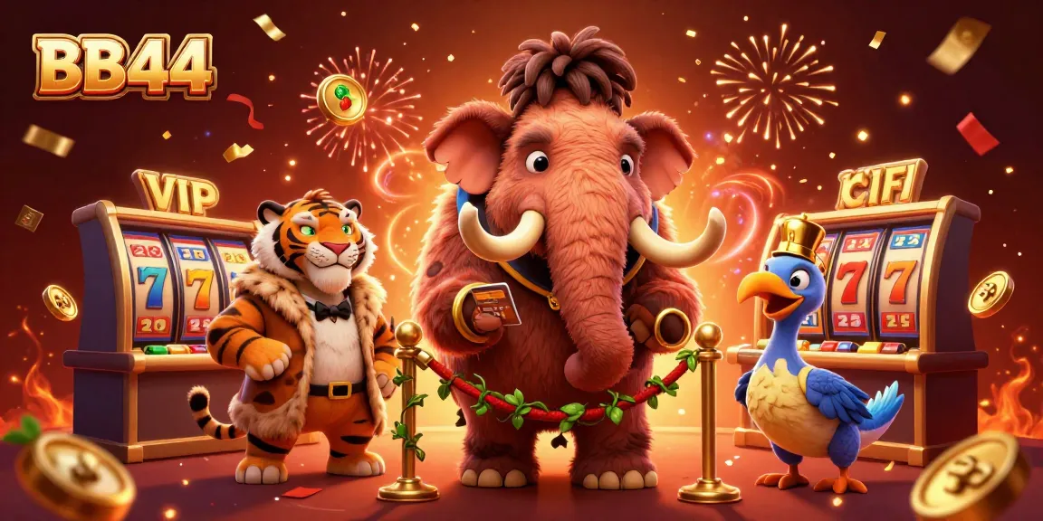 Experience thrilling gaming adventures at BB44 with a cartoon mammoth checking IDs amidst vibrant casino elements.