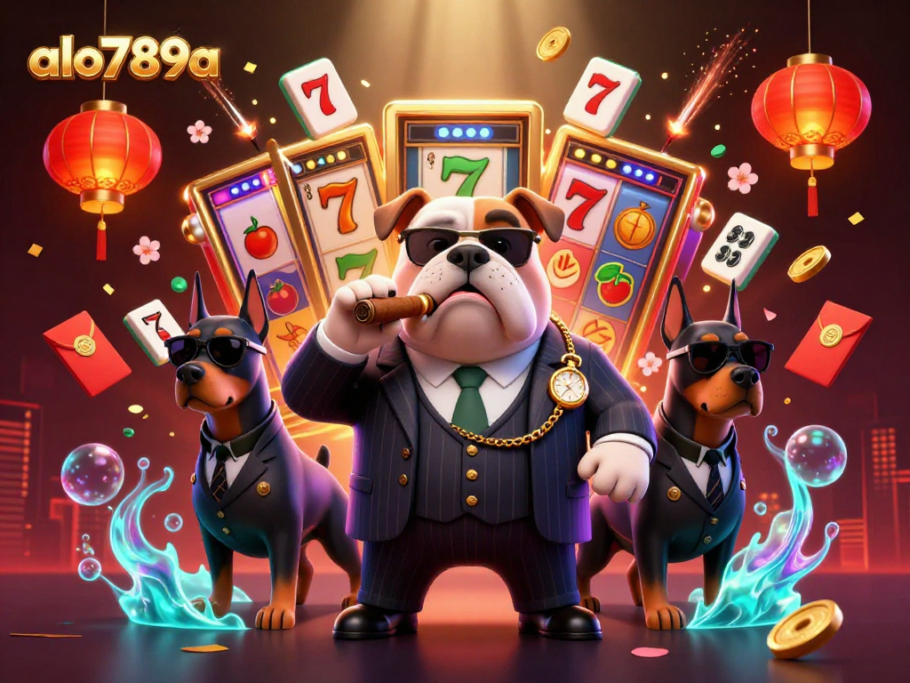 Capture the excitement of alo789a with a vibrant 3D scene showcasing a cartoon mafia bulldog boss and Doberman guards dynamically surrounded by slot game elements.