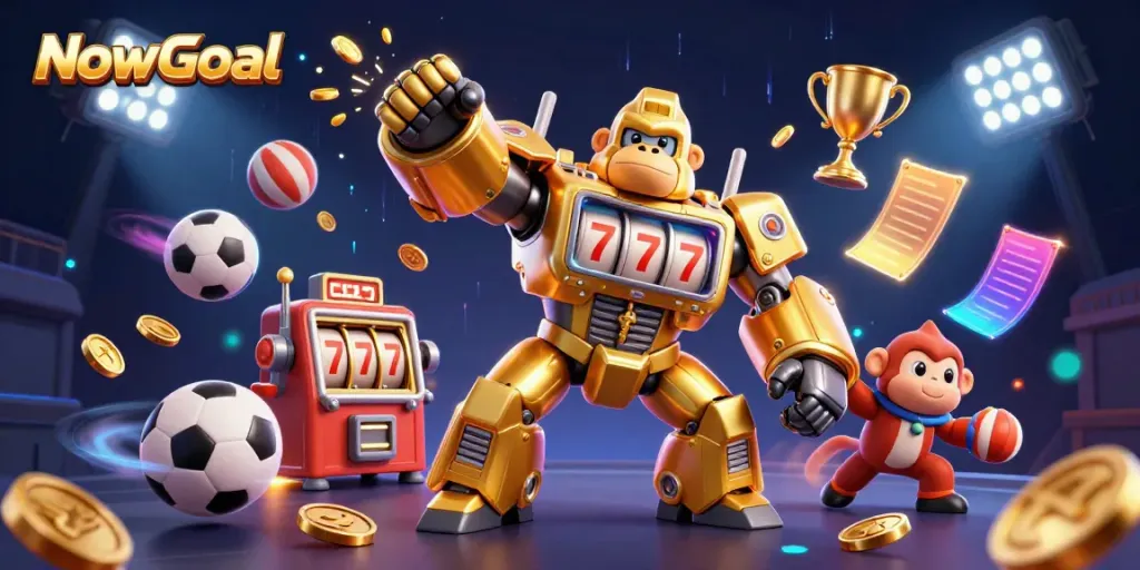 NowGoal showcases a vibrant 3D illustration of a golden gorilla mech amidst dynamic sports elements, engaging players in thrilling sports betting.
