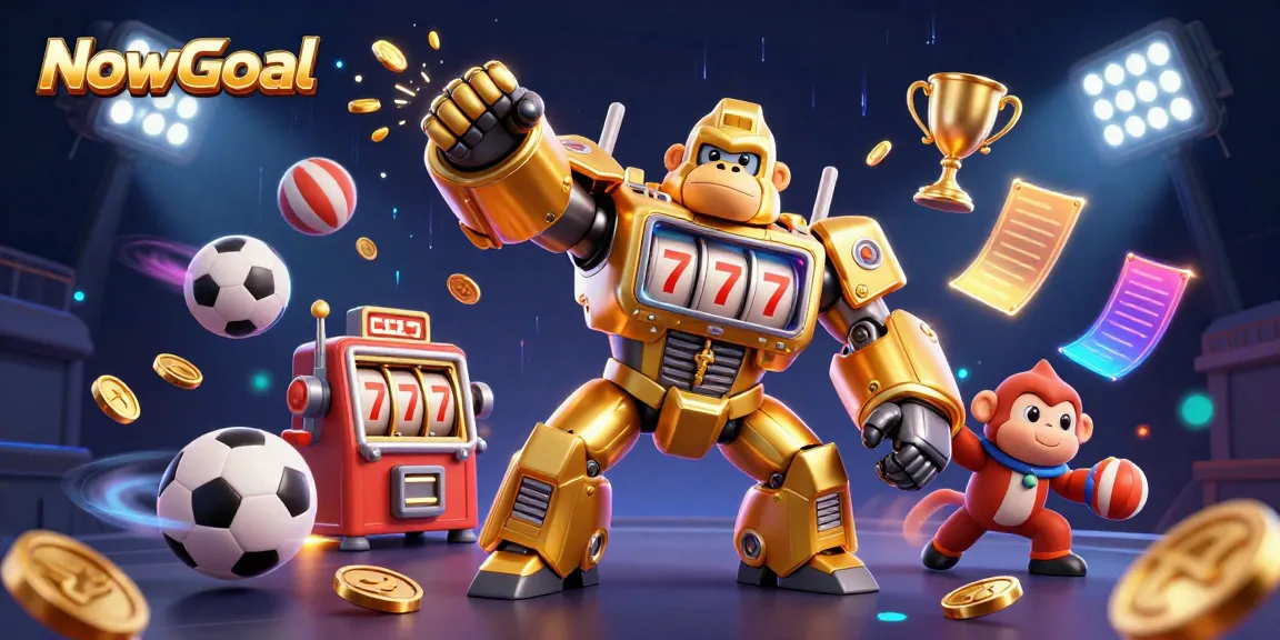 NowGoal showcases a vibrant 3D illustration of a golden gorilla mech amidst dynamic sports elements, engaging players in thrilling sports betting.