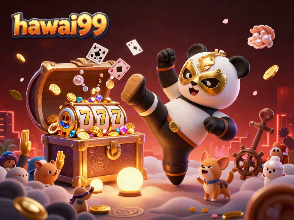 Experience hawai99 excitement with a 3D cartoon panda wrestler and vibrant casino elements.