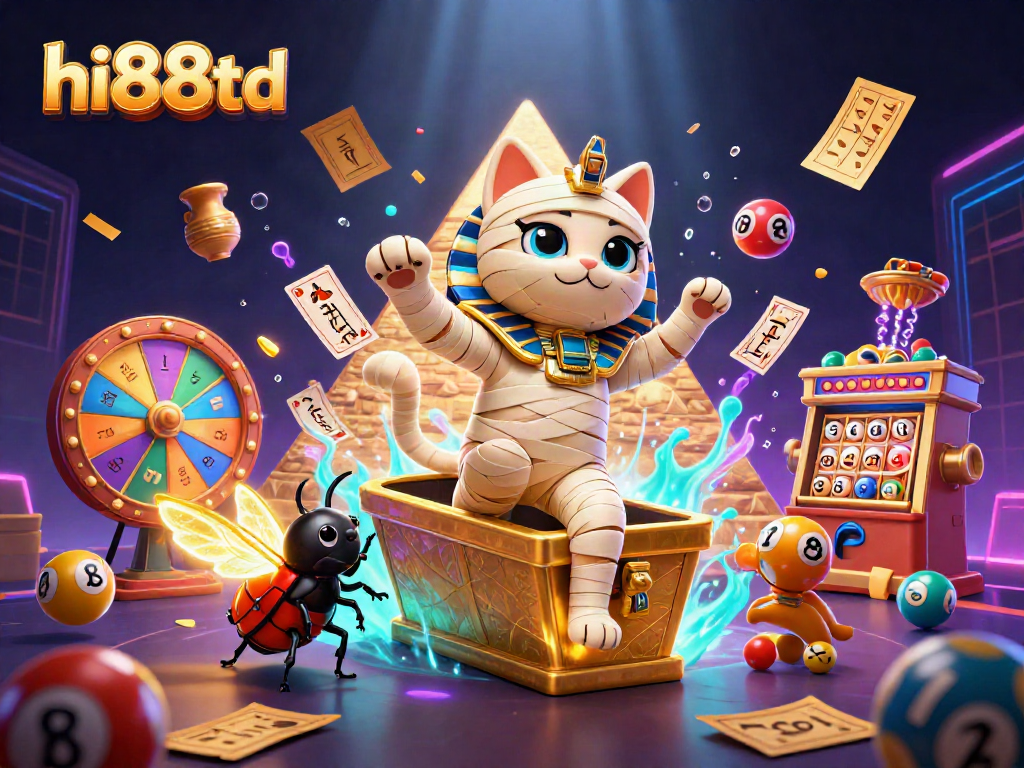 Engage with hi88td as the Egyptian mummy cat and scarab beetle bring excitement to a vibrant casino scene.