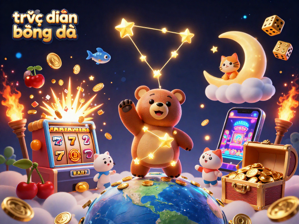 Experience trực tiếp bóng đá with golden stars, dynamic slot machines, and vibrant visuals.