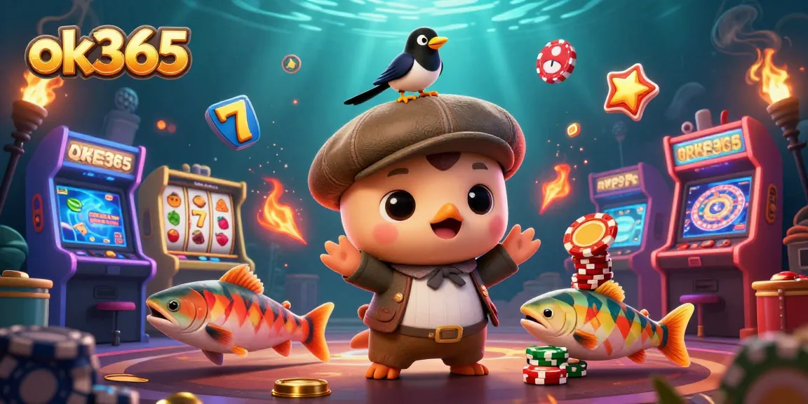 Engage in thrilling casino adventures with ok365 as 3D cartoon characters celebrate amidst vibrant gaming elements.