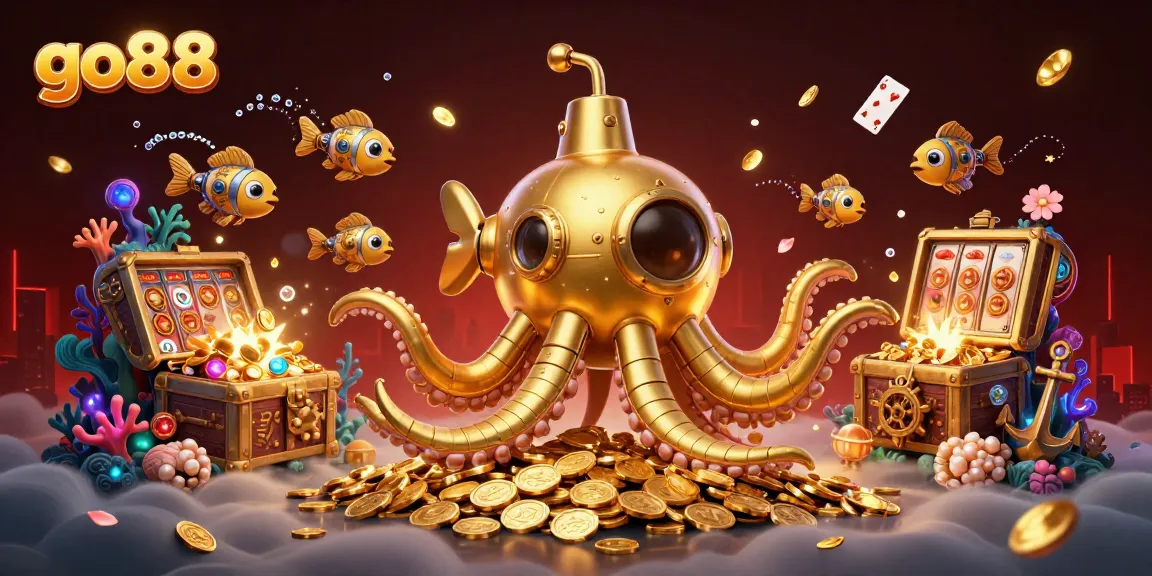 Experience gaming excitement with go88, featuring a vibrant 3D kraken submarine amidst gold coins and slot elements.