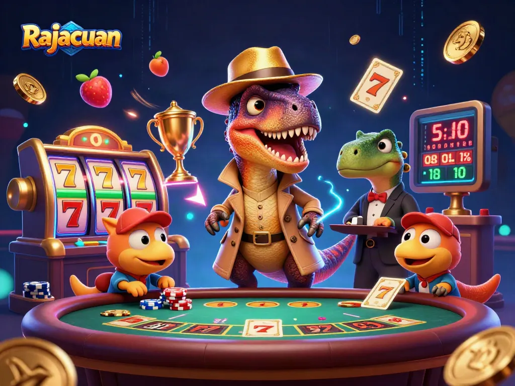Rajacuan showcases a thrilling blackjack scene with dynamic slot elements and playful characters.