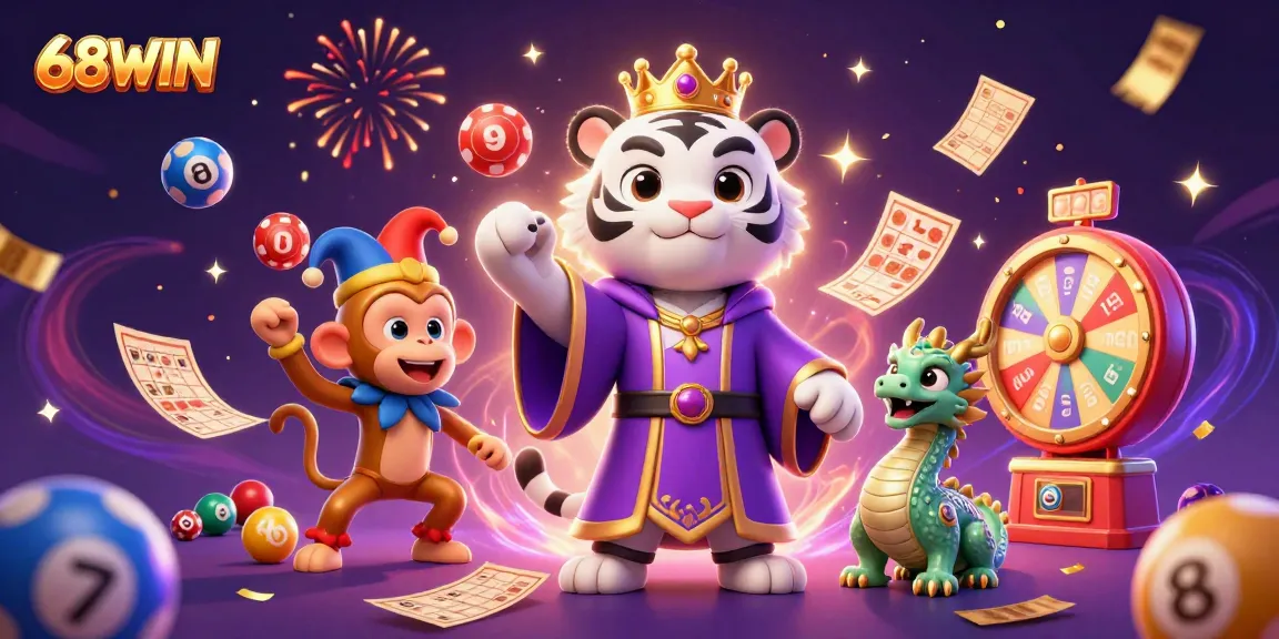 Experience vibrant excitement with 68WIN, featuring a royal white tiger, golden monkey, and jade dragon amid colorful gaming elements.
