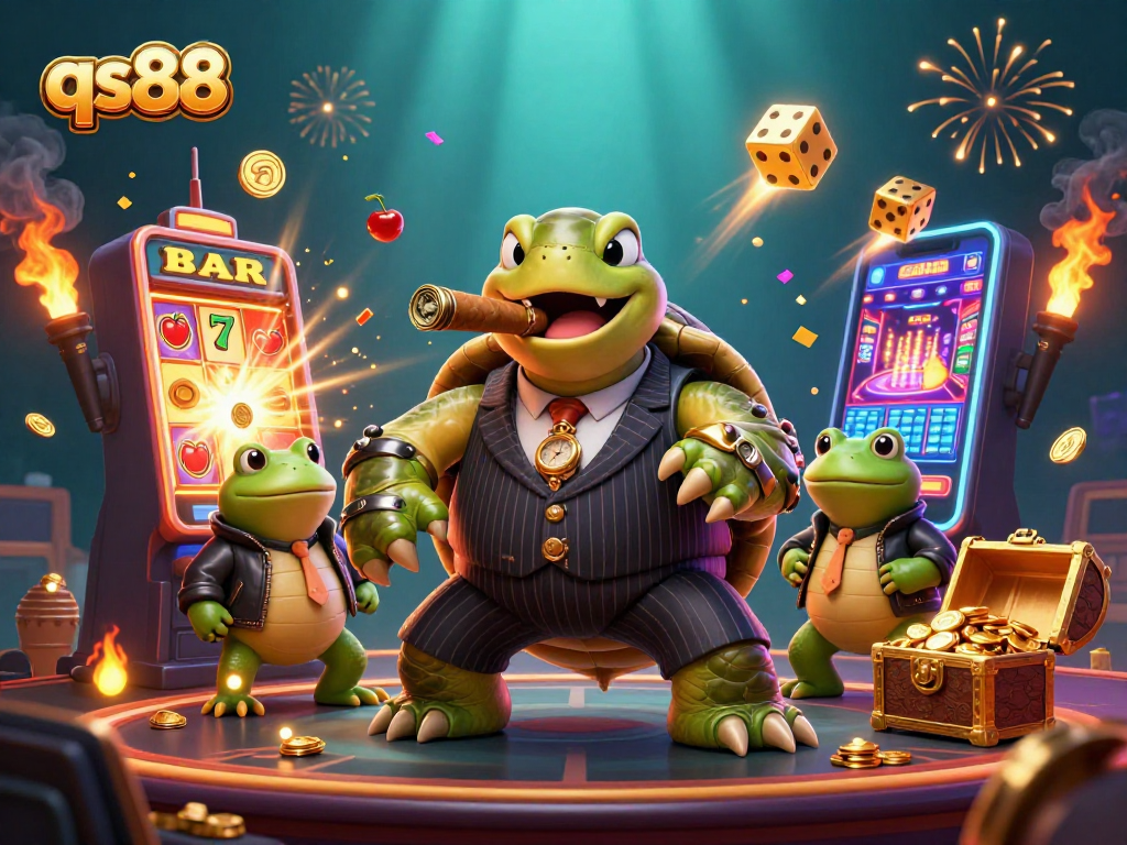 Experience thrilling wins with qs88's online games featuring a massive snapping turtle and dynamic casino elements.