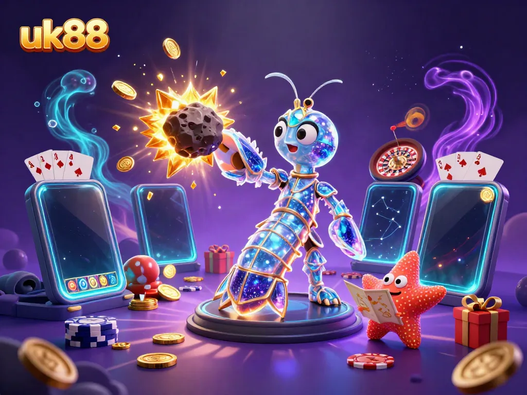Experience the excitement of gaming at uk88 with a vibrant scene of galactic characters and casino elements.