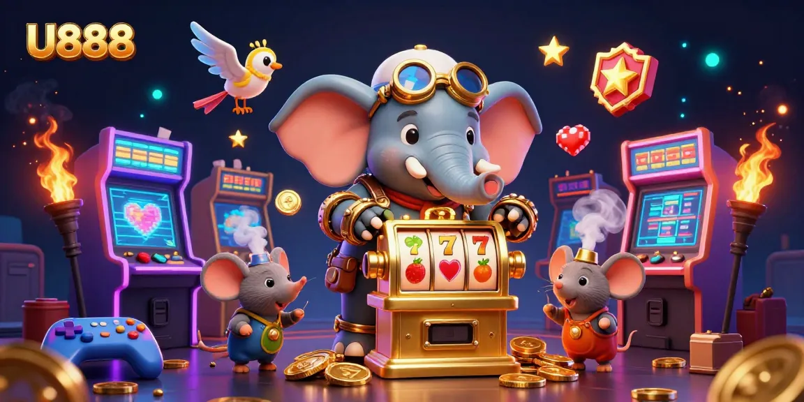 Spin the U888 golden slot machine in a colorful 3D casino illustration with fun game elements.