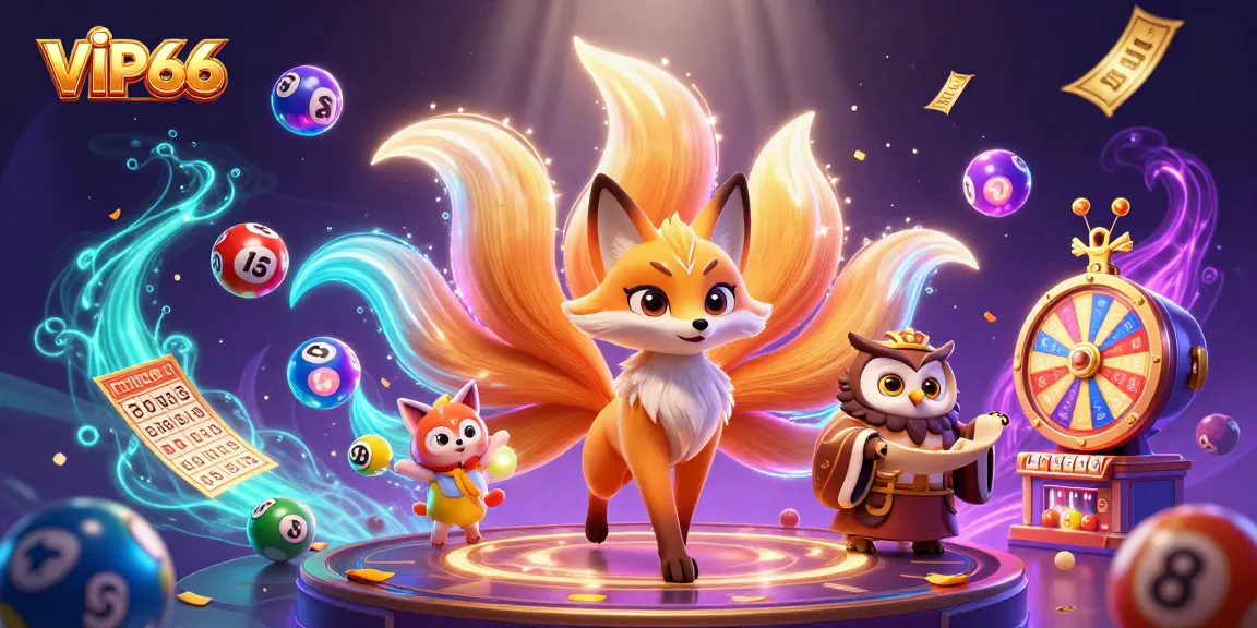 Experience VIP66's vibrant casino elements with lottery balls, glowing characters, and dynamic prize wheels.