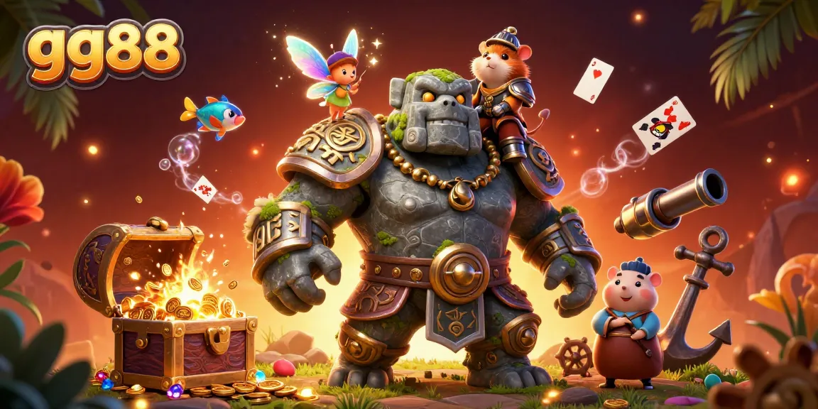 Experience thrilling wins at gg88 with magical golems and vibrant treasure amidst a dynamic casino scene.
