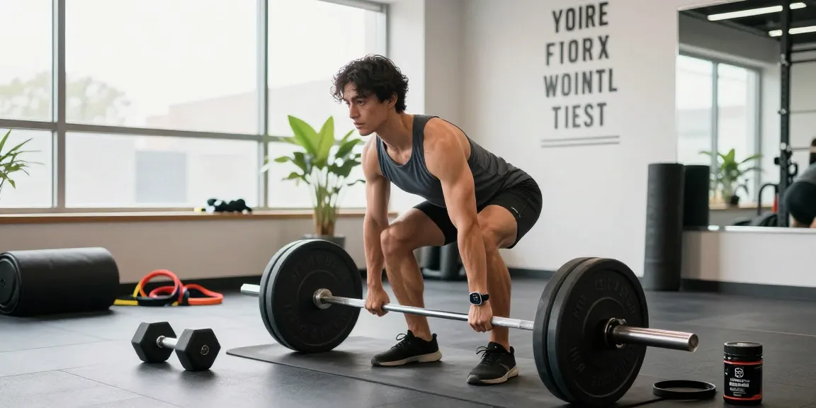Prime Pharma Steroids-Nutzer hebt Gewichte in einem hellen Fitnessstudio.