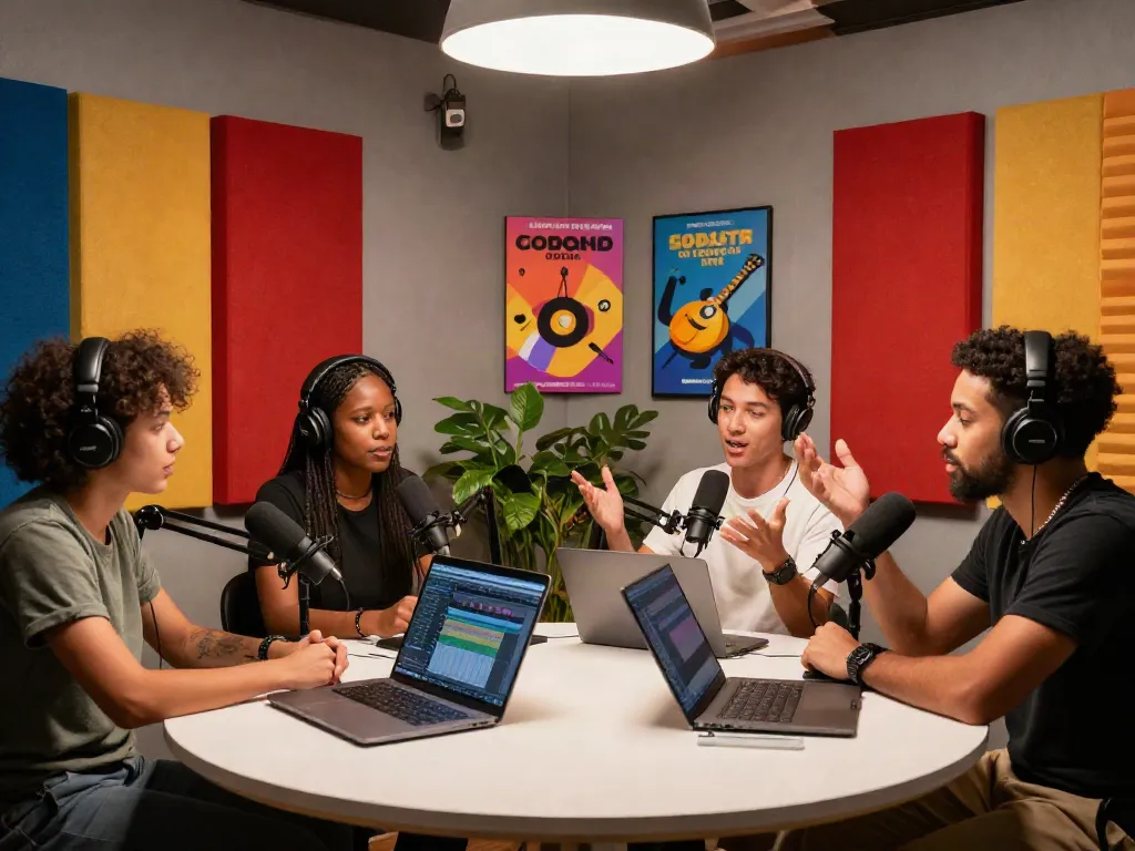 Engaging discussion in a podcast studio showcasing rokok88 creativity and innovation.