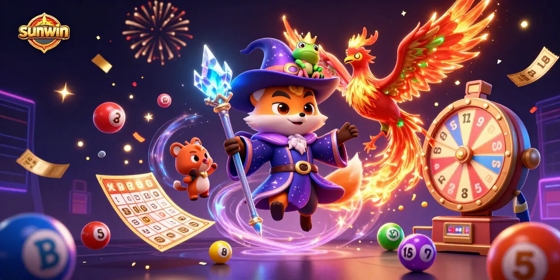 Experience the excitement of sunwin with this vibrant 3D casino illustration featuring a wizard fox, phoenix, and dynamic game elements.
