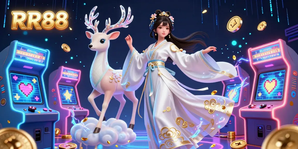 Experience RR88's vibrant casino gaming world with dynamic characters and arcade elements in this captivating 3D illustration.