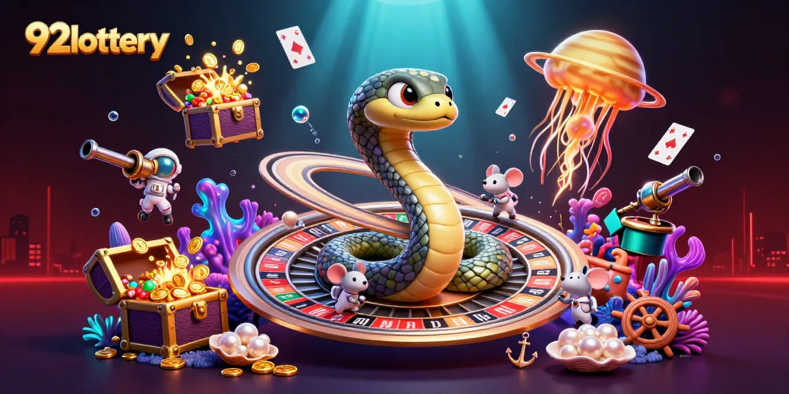 Bet on the 92lottery with dynamic astronaut mice and a cosmic dealer amidst colorful gaming elements.