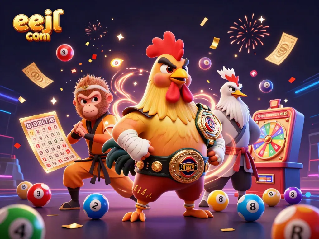Experience the excitement of eejl com with energetic characters celebrating vibrant gaming wins.