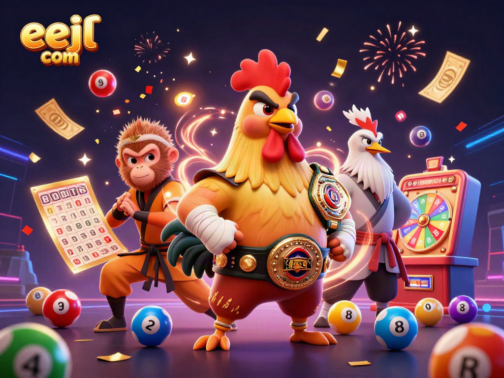 Experience the excitement of eejl com with energetic characters celebrating vibrant gaming wins.