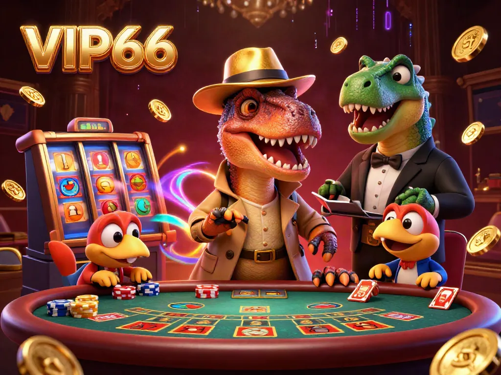 VIP66 velociraptor card counter surrounded by slots and colorful game elements in a vibrant casino scene.