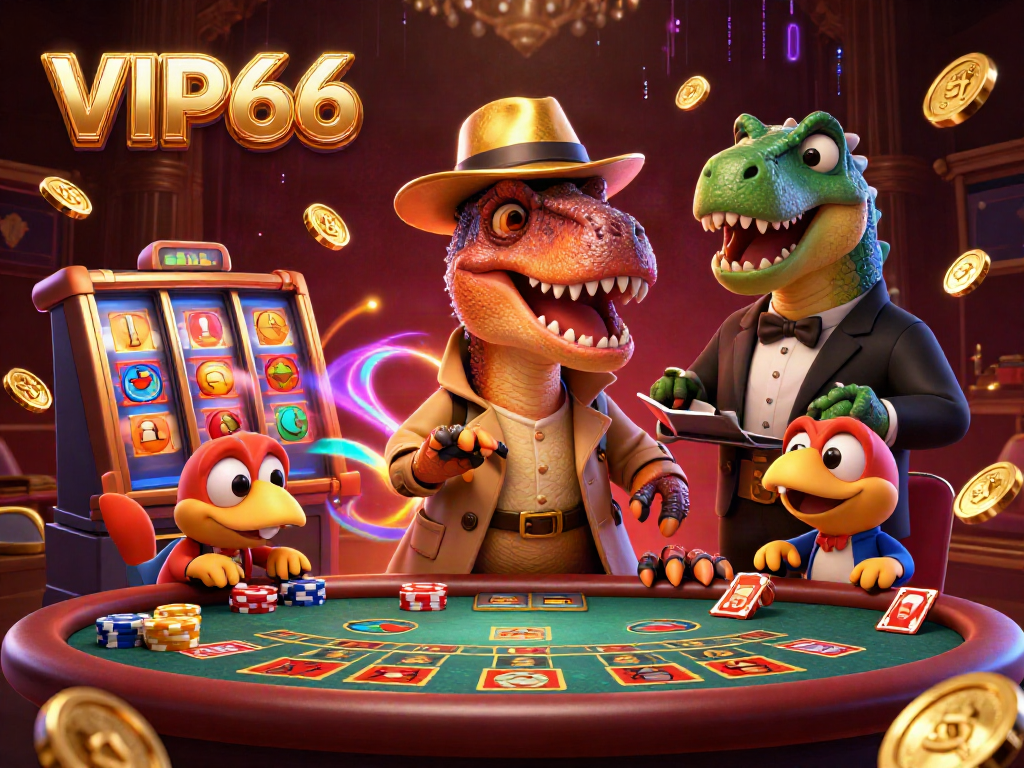 VIP66 velociraptor card counter surrounded by slots and colorful game elements in a vibrant casino scene.