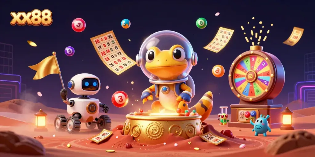 Join the Martian gecko and robot in the immersive xx88 casino adventure full of colorful lottery excitement.