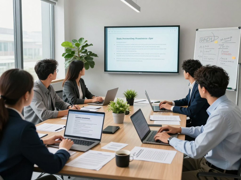 Startseite showcasing a professional team discussing data protection solutions in a modern office setting.