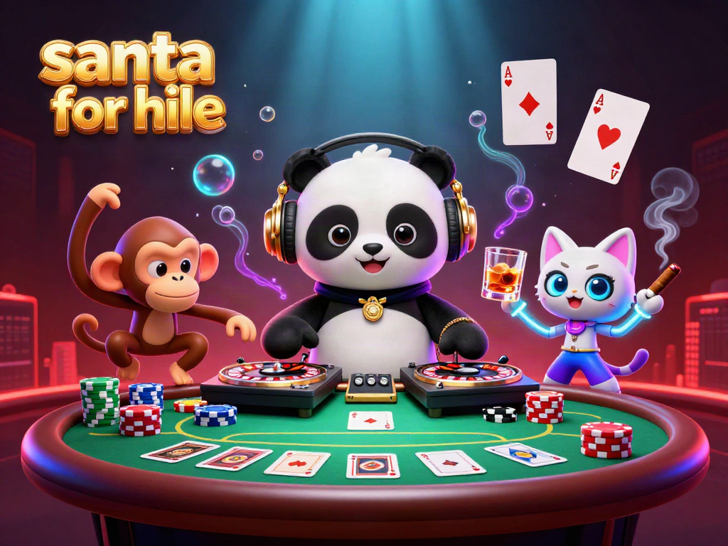Experience the festive spirit with a vibrant Santa for hire illustration featuring casino themes.