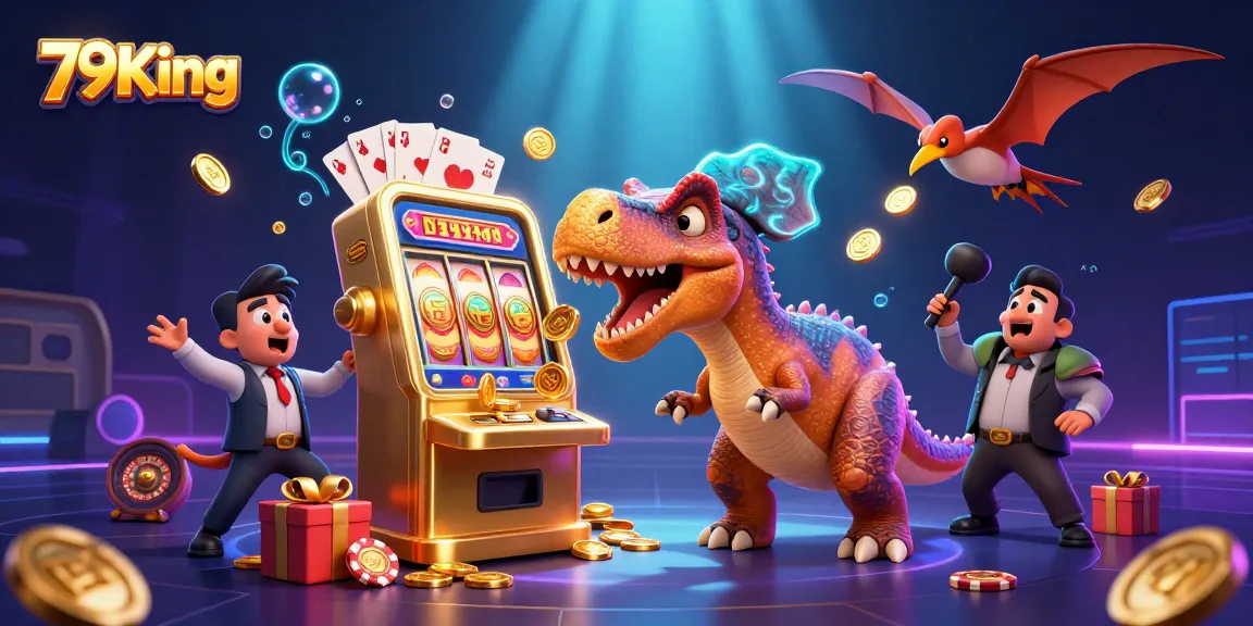 79King slot adventure featuring a pachycephalosaurus at a golden slot machine, winning coins.