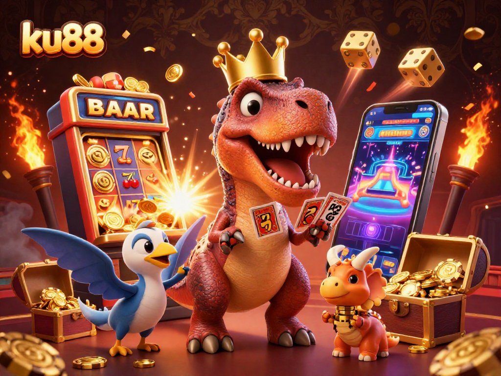 ku88 captures the excitement of gaming with a colorful illustration of fun dinosaur characters in a casino scene.