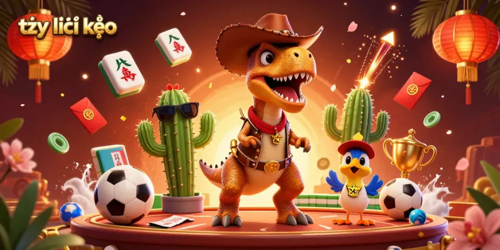Engage with tỷ lệ kèo sports betting strategies featuring a cowboy dinosaur and festive elements.